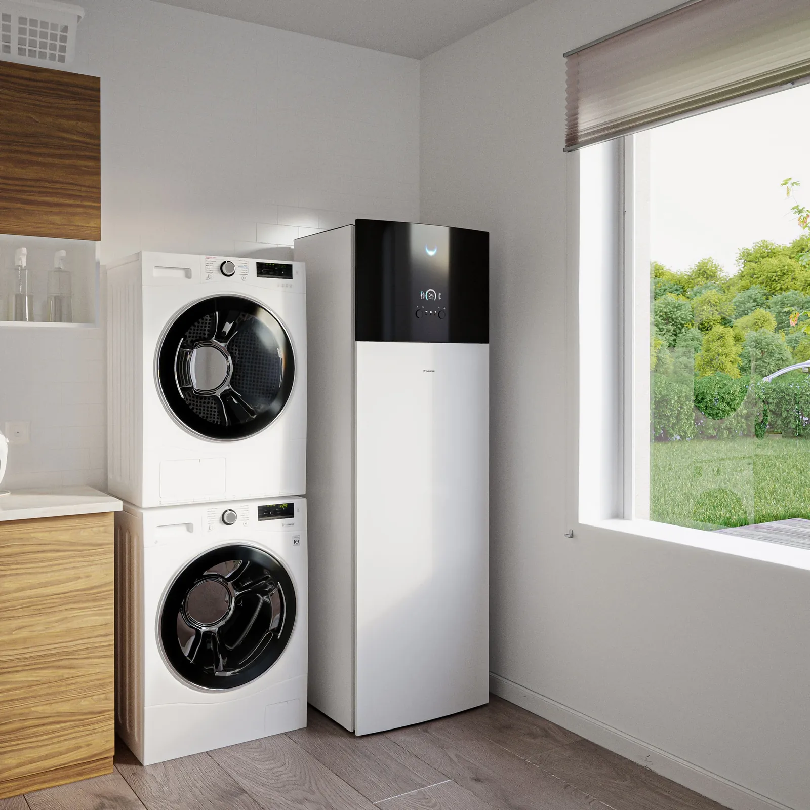 Compacte warmtepomp-binnenunit naast de wasmachine in een wasruimte